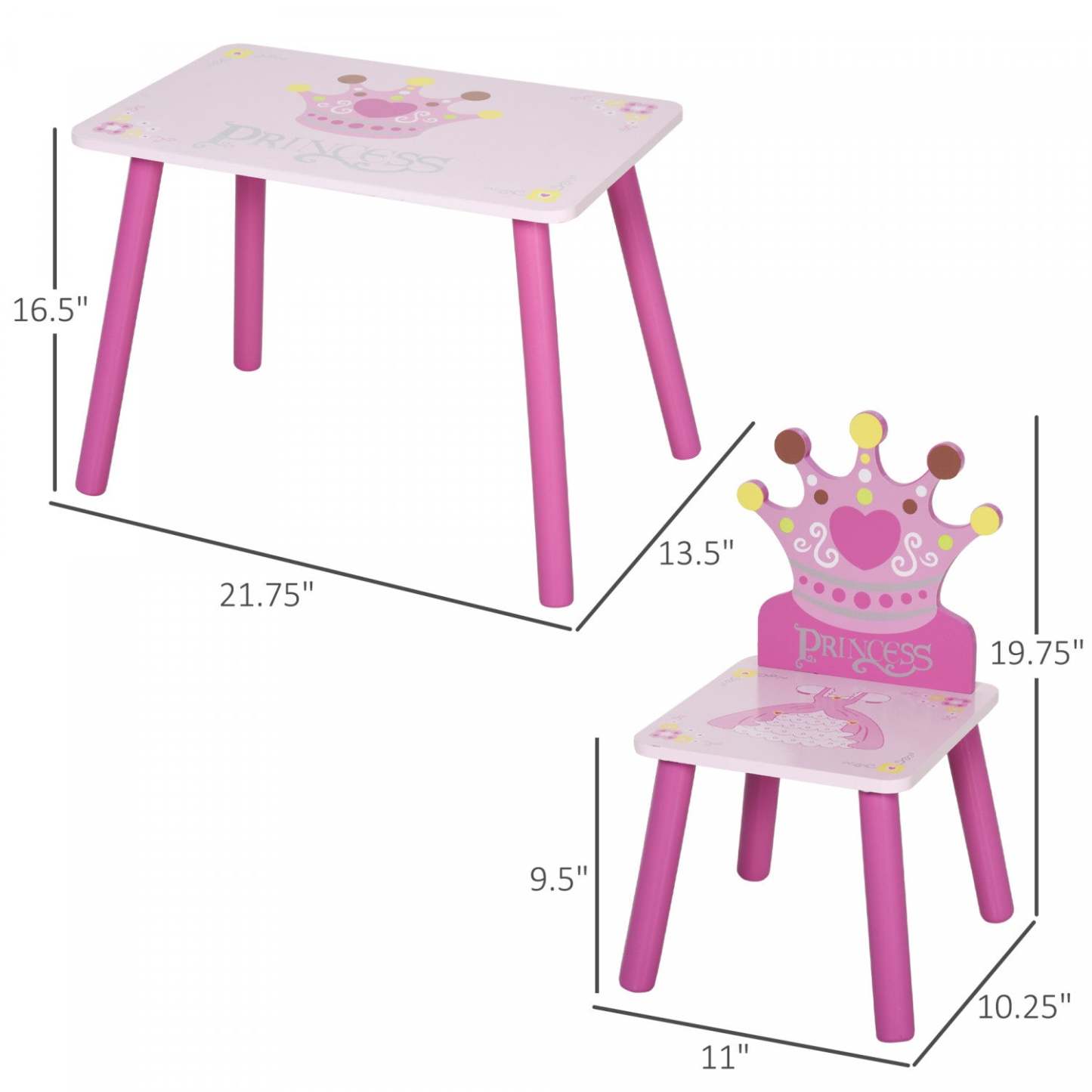 Qaba Lot De 3 Chaises De Table En Bois Pour Enfants Avec Motif De Couronne Facile À Nettoyer Cadeau Pour Filles Tout-Petits