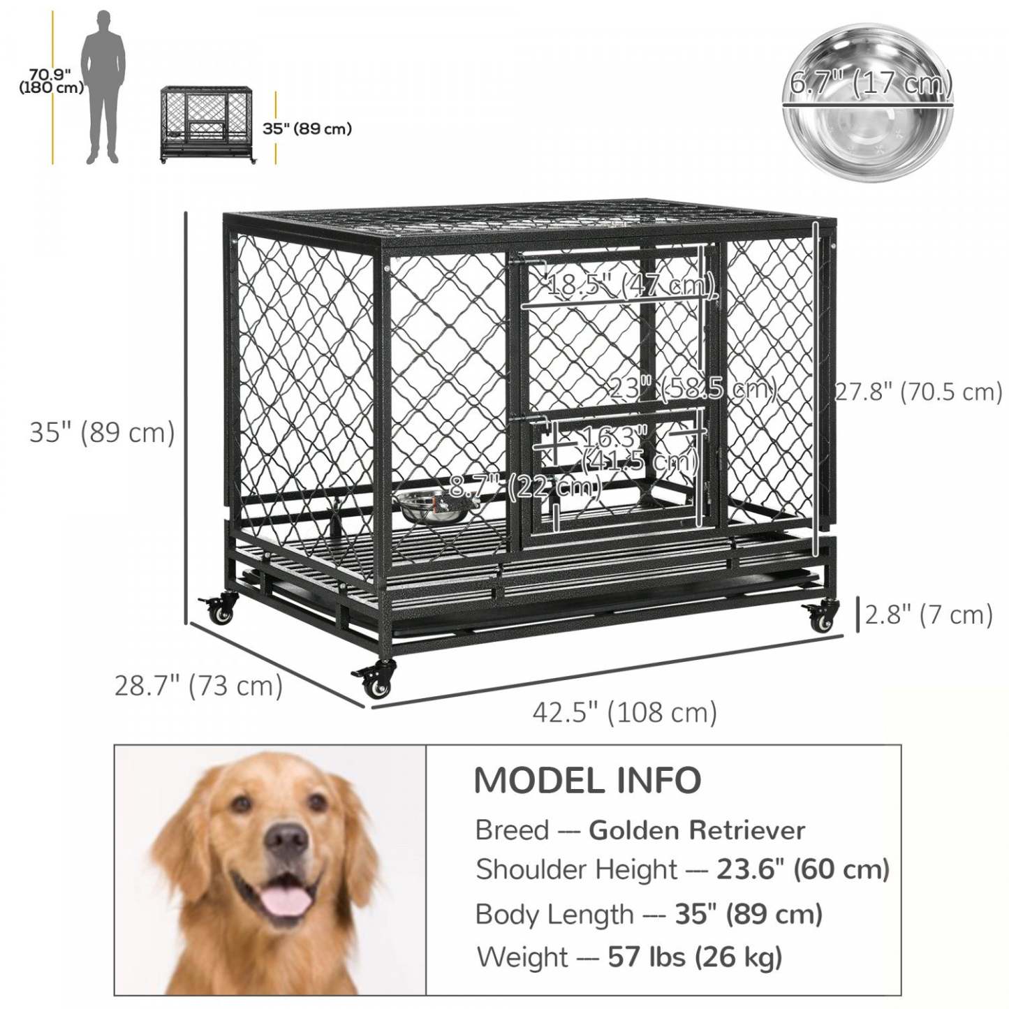 Pawhut Cage Pour Chien Robuste En Metal Avec Roulettes, Dessus Ouvrant, Plateau Amovible, Bol En Aci