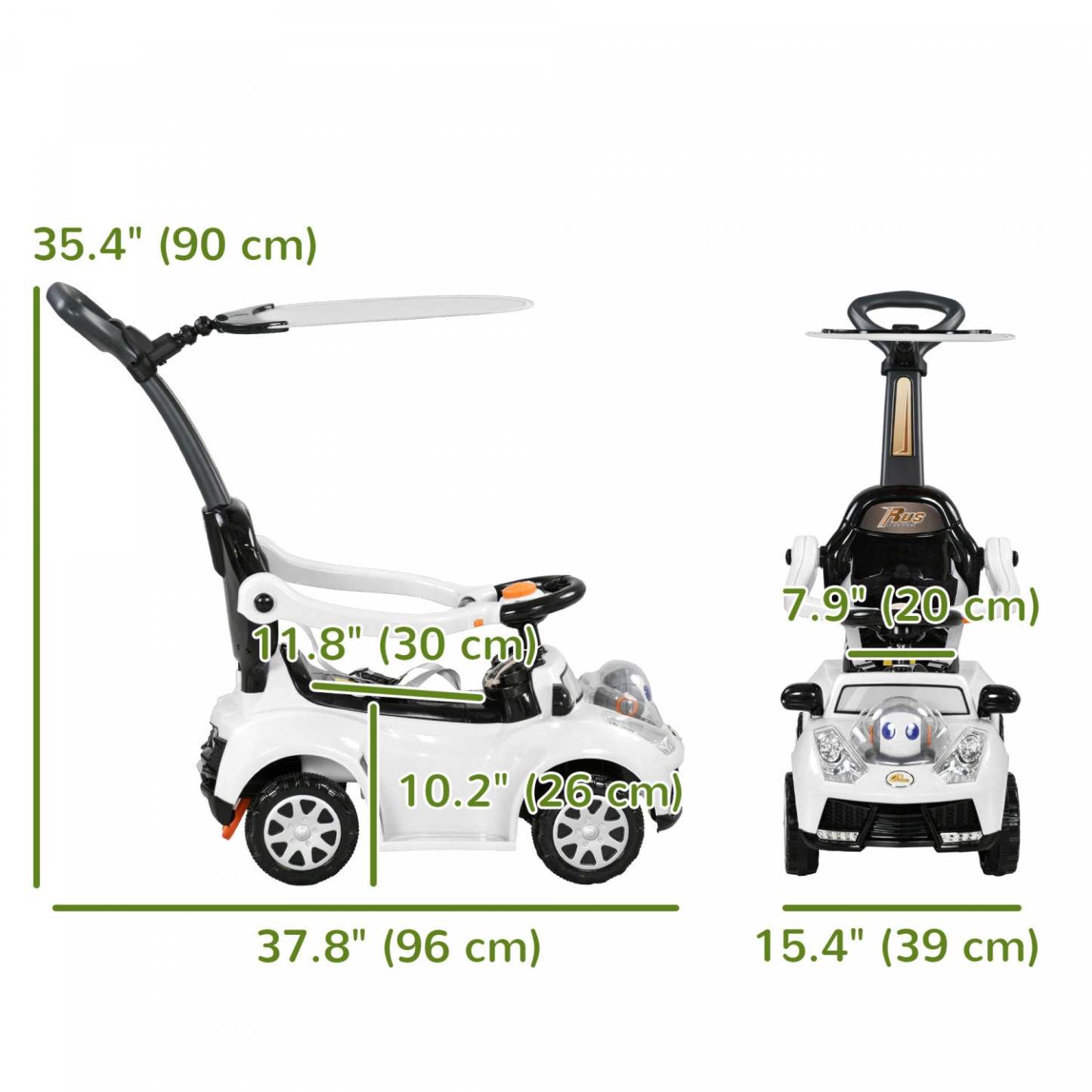 Qaba Push Car, 3 en 1 voiture à pousser pour enfants, voiture à glisser pour tout-petits avec musique, lumière, voiture pour bébé à pousser avec poignée, auvent amovible, garde de sécurité, klaxon, blanc