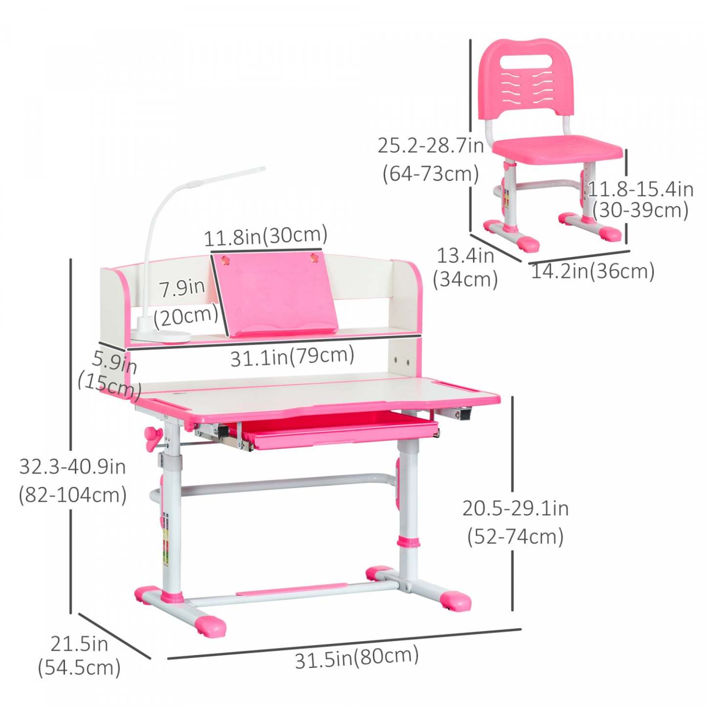 Qaba Bureau Enfant Avec Chaise Ensemble Bureau Et Chaise Reglable Avec Lampe, Support De Lecture, Et