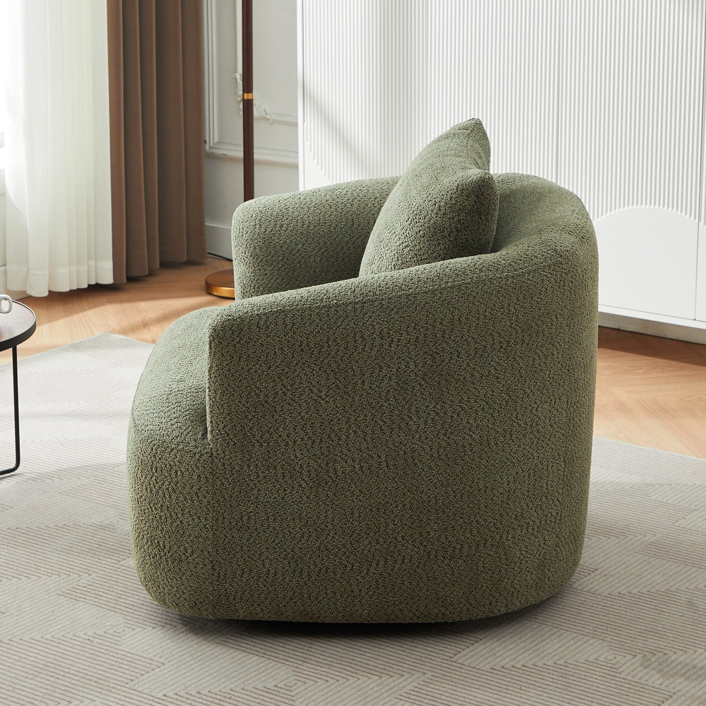Fauteuil pivotant à 360°, fauteuil d'appoint Boucle 38,2 avec coussin décoratif, fauteuil tonneau rembourré avec accoudoirs incurvés