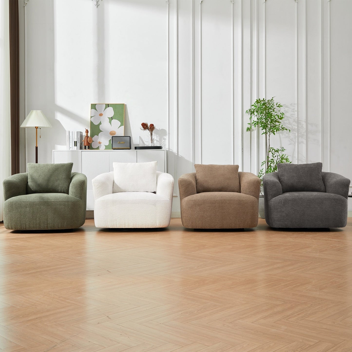 Fauteuil pivotant à 360°, fauteuil d'appoint Boucle 38,2 avec coussin décoratif, fauteuil tonneau rembourré avec accoudoirs incurvés