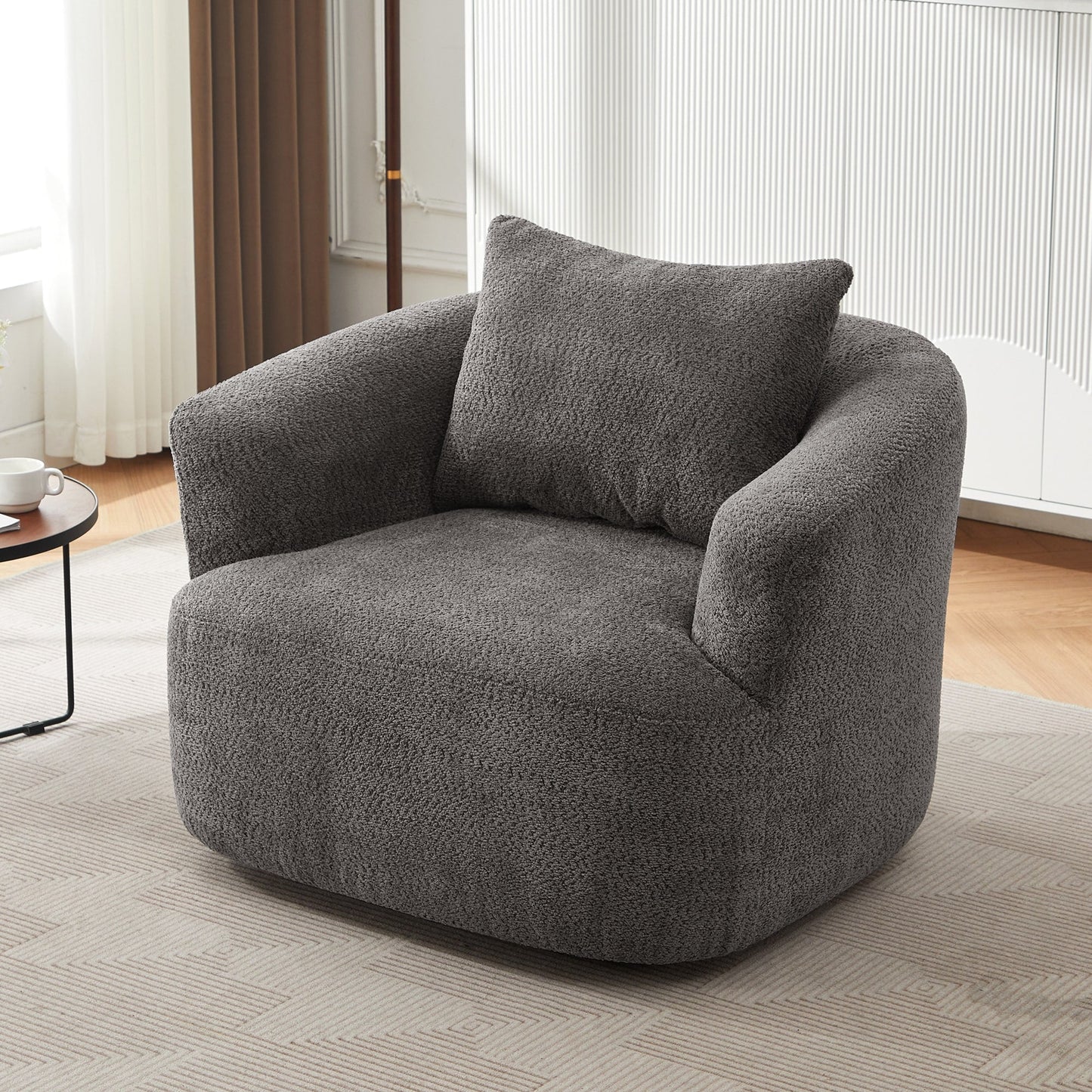 Fauteuil pivotant à 360°, fauteuil d'appoint Boucle 38,2 avec coussin décoratif, fauteuil tonneau rembourré avec accoudoirs incurvés