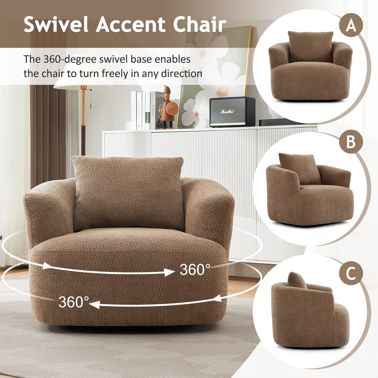 Fauteuil pivotant à 360°, fauteuil d'appoint Boucle 38,2 avec coussin décoratif, fauteuil tonneau rembourré avec accoudoirs incurvés