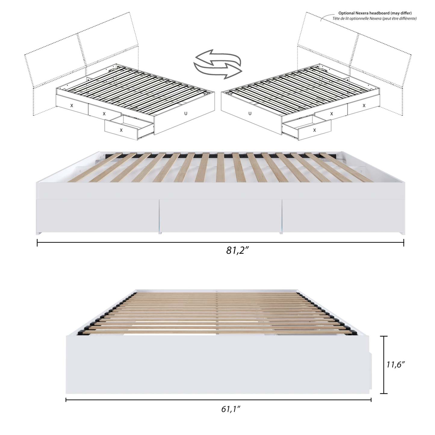 Lit plateforme queen Nordika - Blanc | Grand lit plateforme Nordika - blanc | D08HI1G6