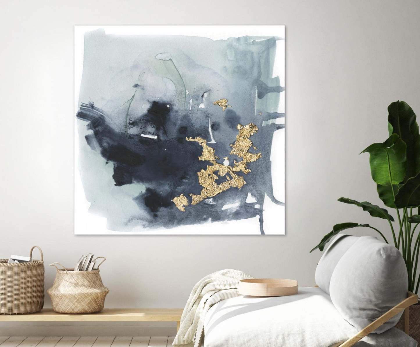 Œuvre d'art murale géante « Céruléen et Or I » 72 x 72