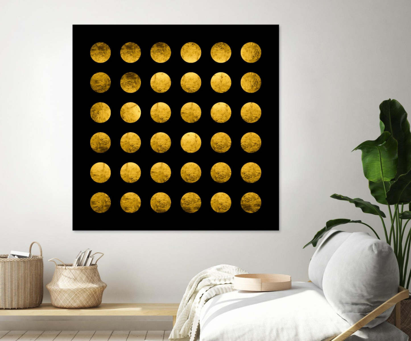 Œuvre d'art murale géante « Golden Spots Black » 54 x 54