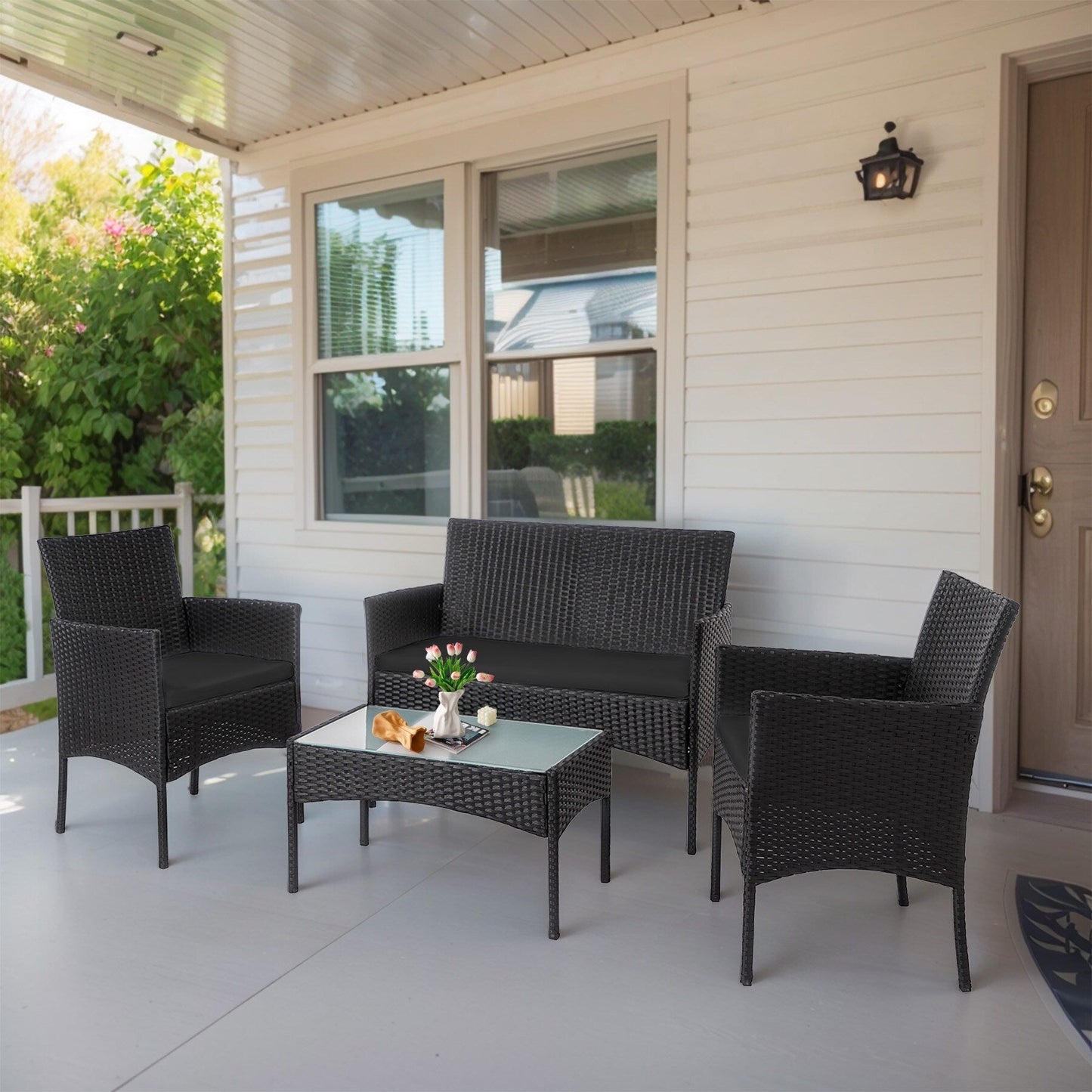 Ensemble de 4 meubles de jardin en osier, sectionnel et en rotin avec coussins