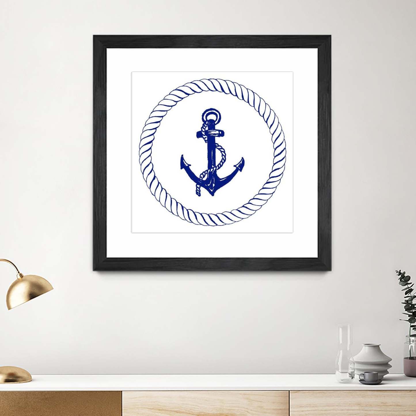 Œuvre d’art murale encadrée noire et mate « Blue Nautical Circle I » 30 x 30