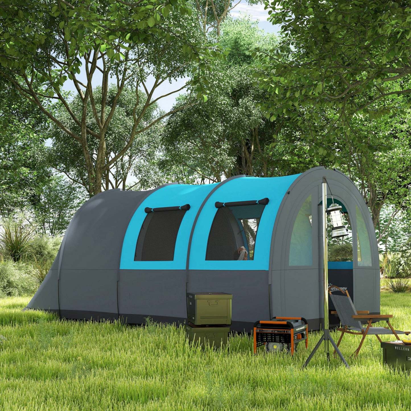Outsunny Tente de Camping 5-6 Personnes, Tente Familiale Tunnel Imperméable, Gris/Bleu