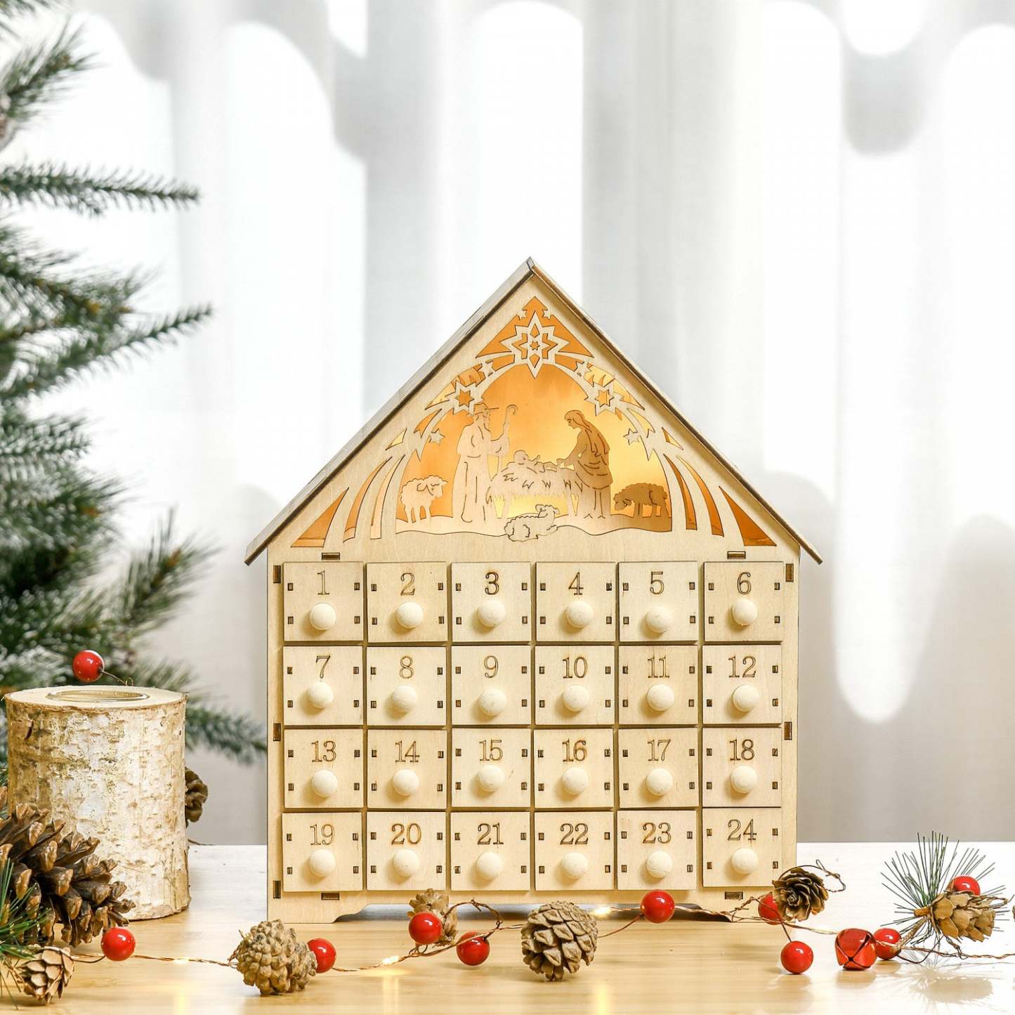 Homcom Calendrier De L'avent De Noël Avec Tiroirs De Compte À Rebours Personnages Bibliques | Homcom Calendrier De L'avent De Noël, Décoration De Table De Noël En Bois