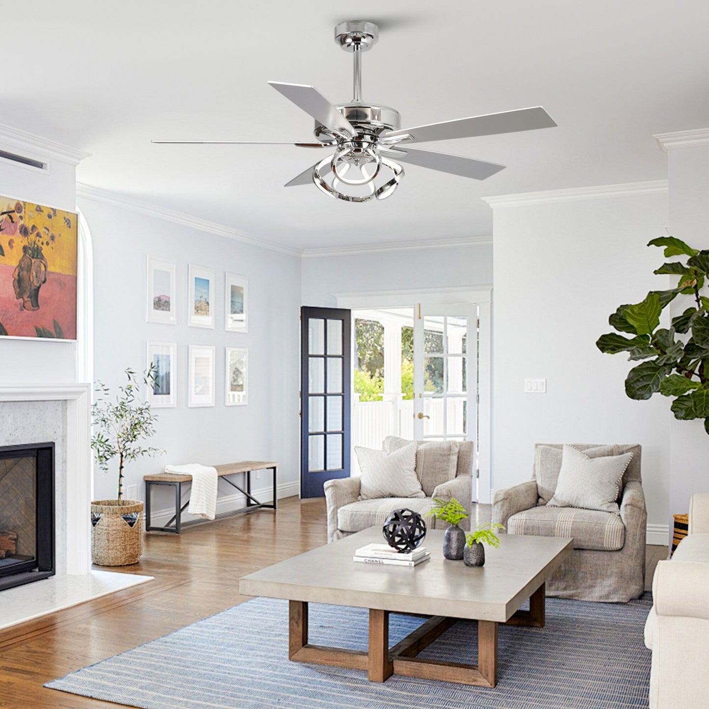 Ventilateur de plafond intérieur moderne chromé/noir de 52 pouces avec éclairage LED à intensité variable et télécommande