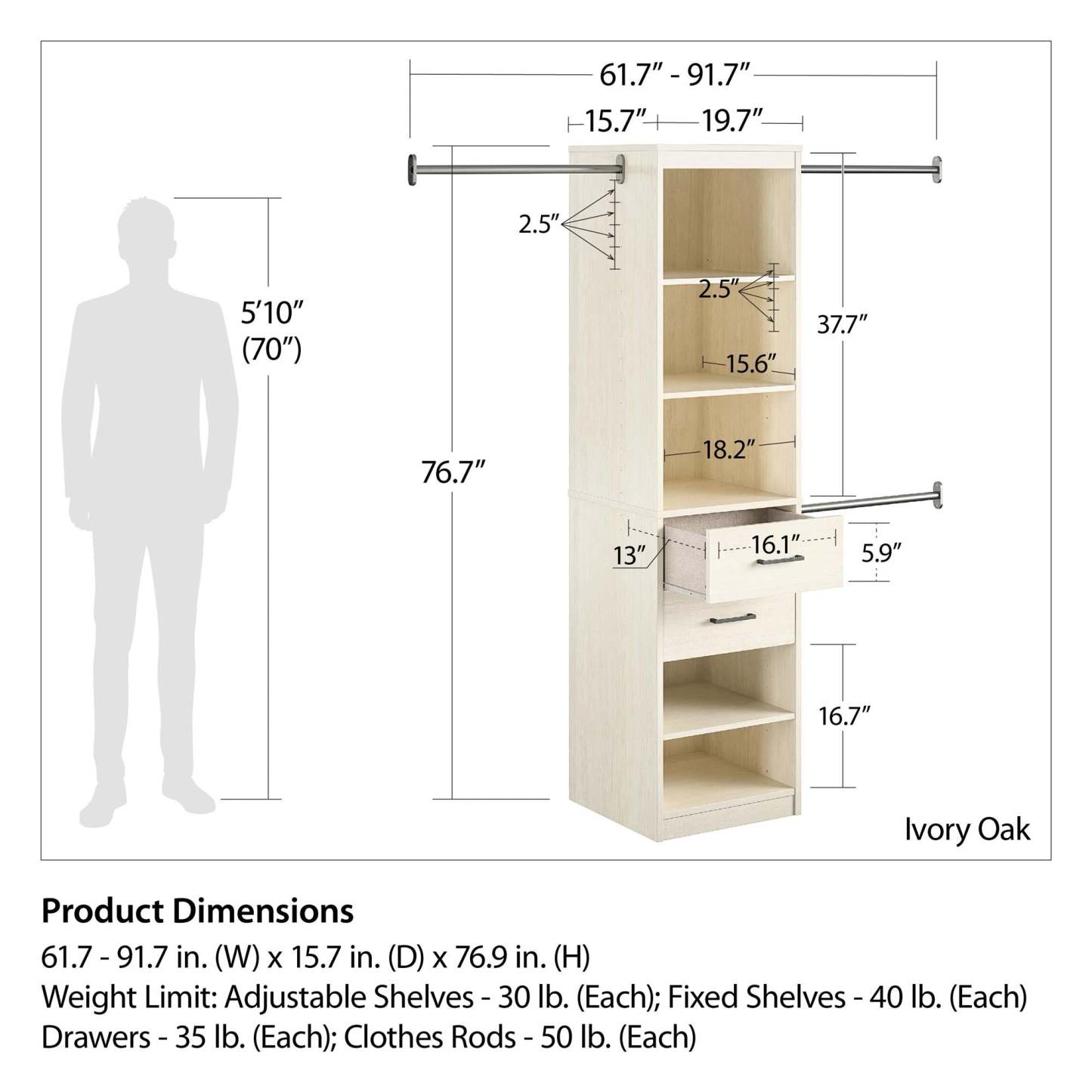 Novogratz Kelly 5-Shelf/2-Drawer Closet Organizer with 3 Adjustable Hanging Rods - Ivory Oak|Organisateur de garde-robe Kelly Novogratz à 5 tablettes et 2 tiroirs avec 3 tringles réglables - chêne ivoire