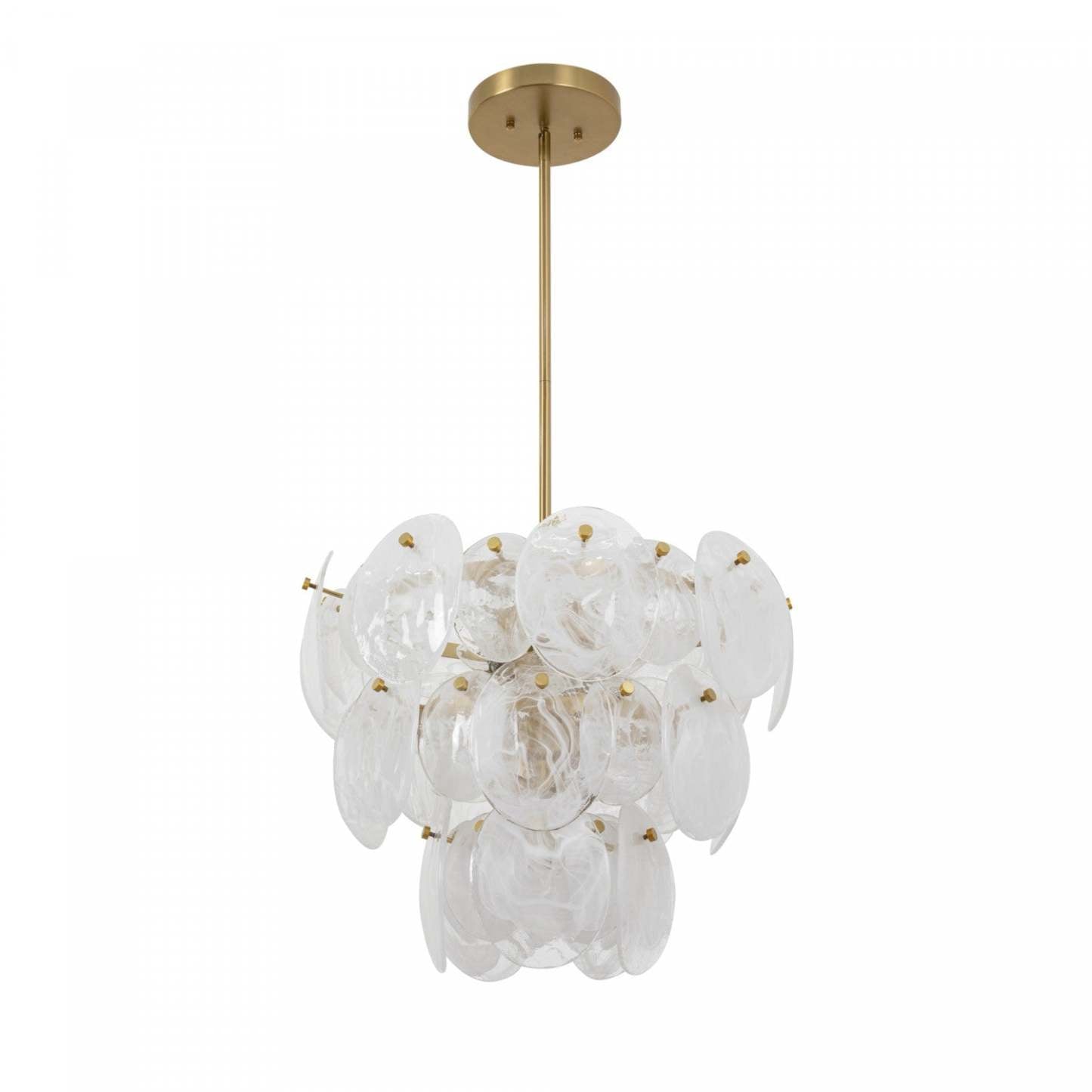 Lustre A 8 lampes Lily, Laiton Brosse Et Verre Genre Murano Blanc Vaporeux