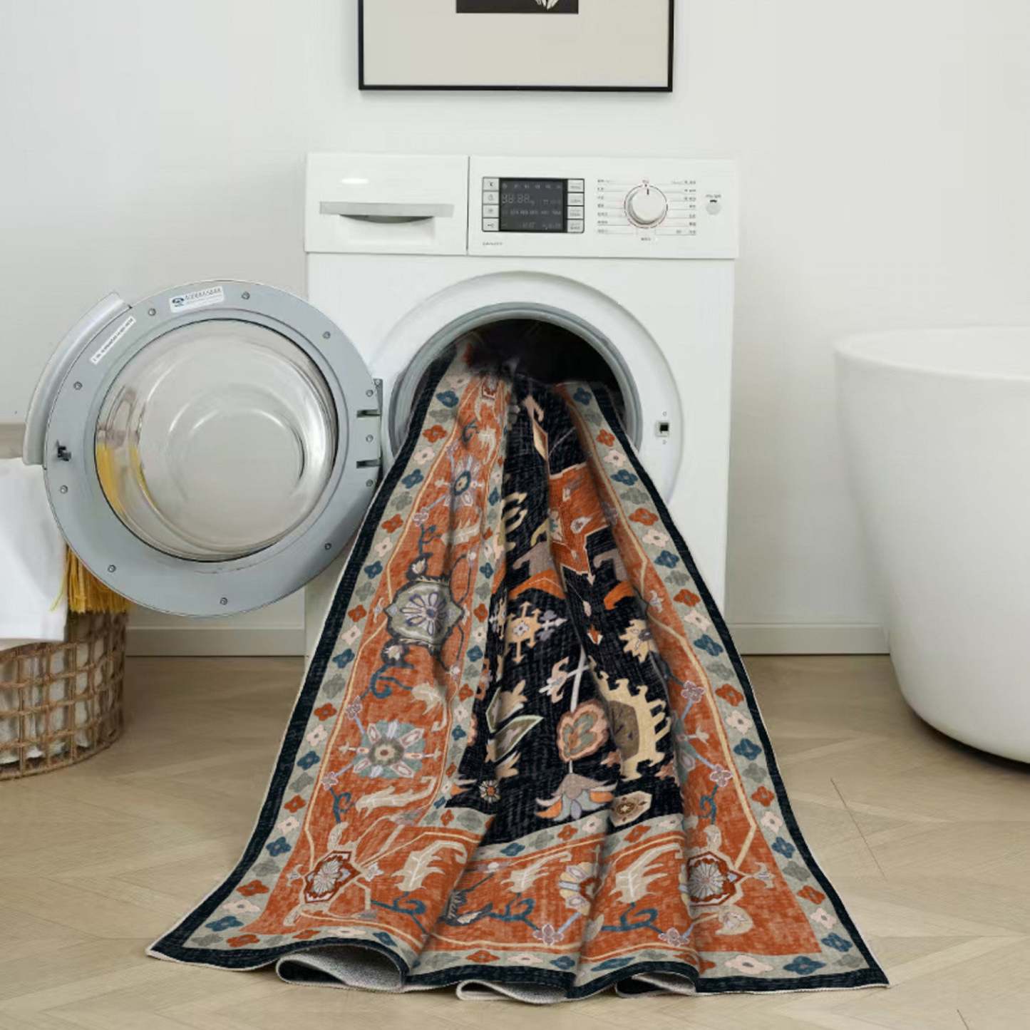 Aqua Black Star Washable Non-slip Low Pile Area Rug 5'x7' | Tapis Étoile Noire Lavable Antidérapant À Poils Ras 5'x7'