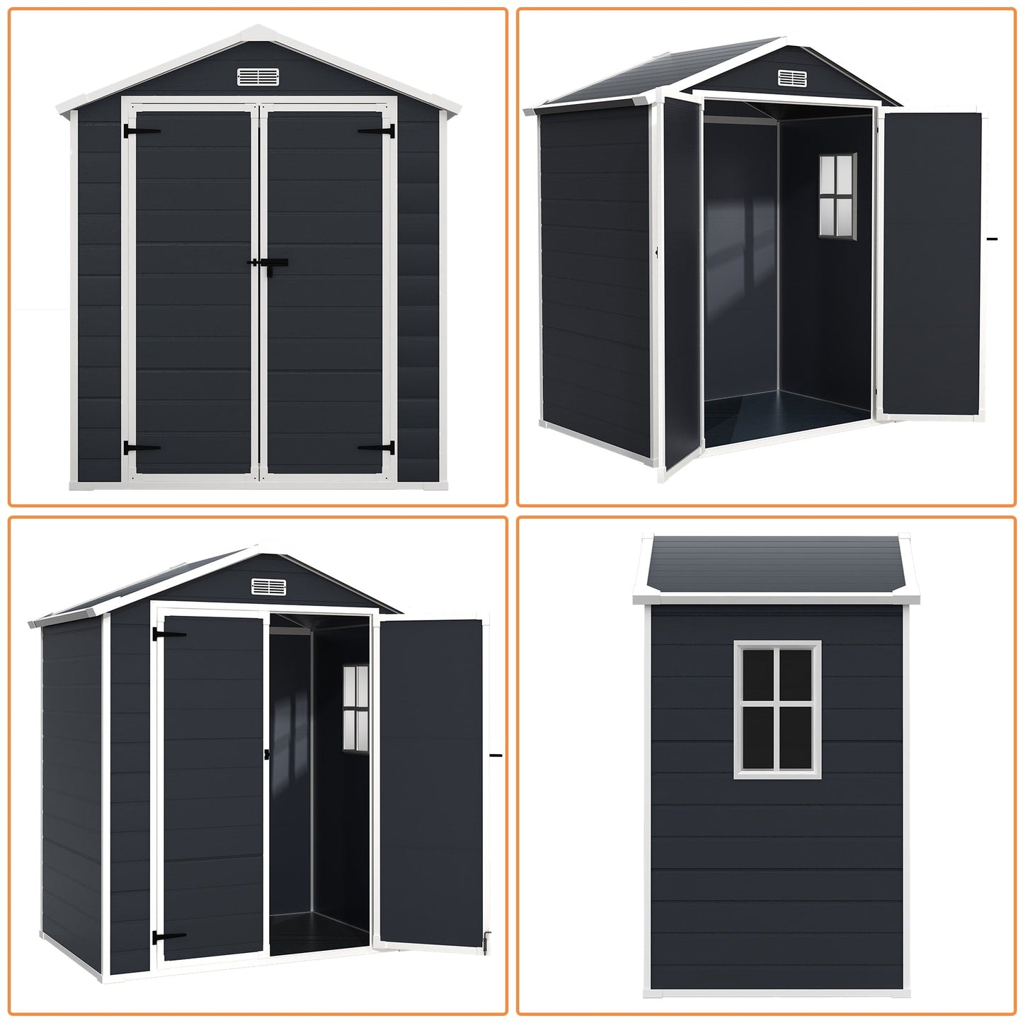 Abri de jardin en résine plastique tout temps avec plancher, dimensions : 1,83 m x 1,22 m / 1,83 m x 2,44 m / 2,44 m x 1,83 m / 2,44 m x 3,05 m.