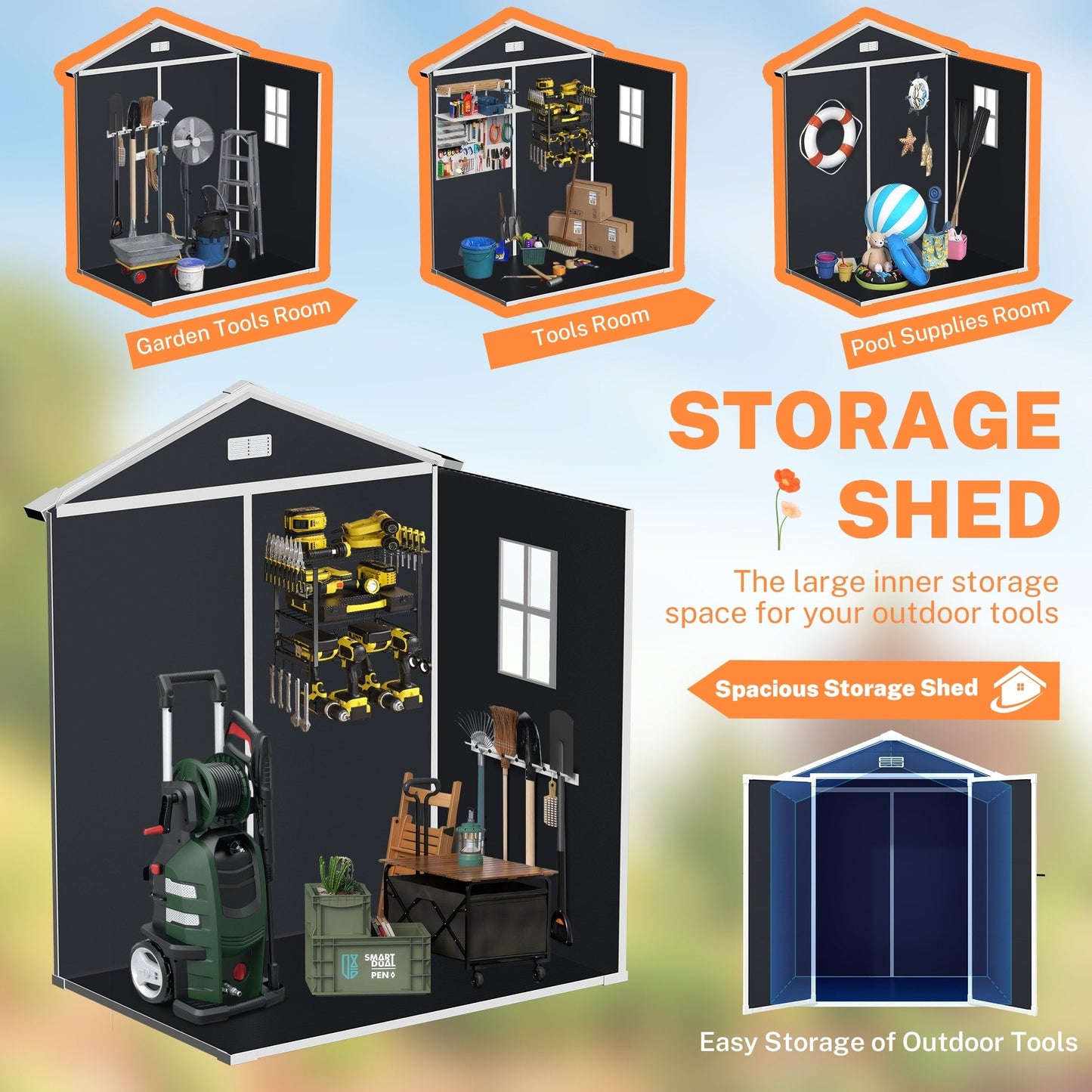 Abri de jardin en résine plastique tout temps avec plancher, dimensions : 1,83 m x 1,22 m / 1,83 m x 2,44 m / 2,44 m x 1,83 m / 2,44 m x 3,05 m.