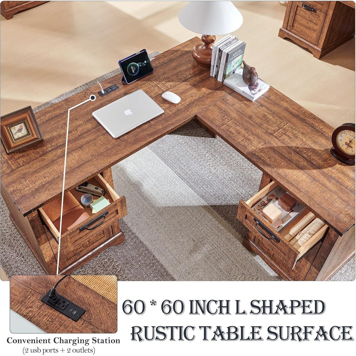 Bureau d'angle en bois style ferme, 60 pouces, pour ordinateur