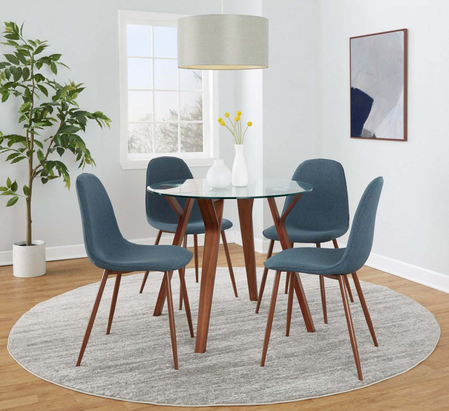 LumiSource Folia Glass Mid-Century Modern Round Dinette Dining Table - Walnut|Table ronde moderne du milieu du 20e siècle Folia en verre pour le coin-repas ou la salle à manger - noyer