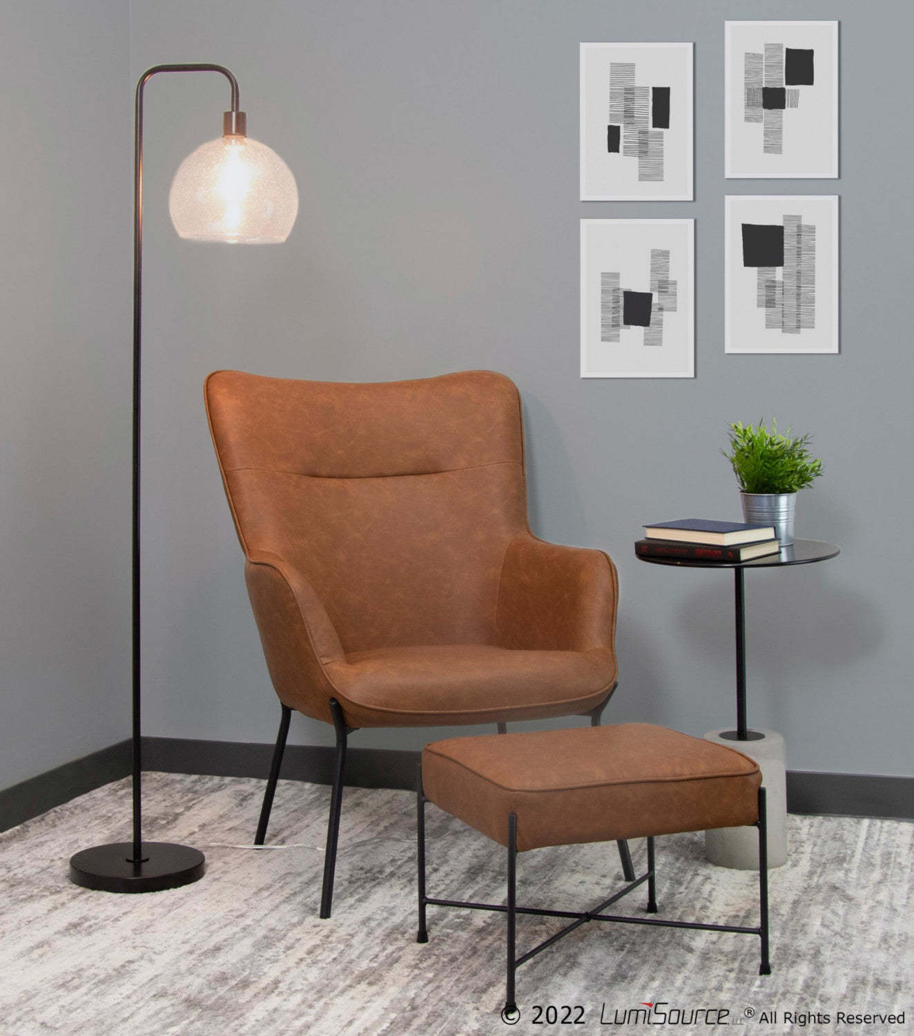 LumiSource Izzy 2-Piece Faux Leather Industrial Accent Lounge Chair and Ottoman - Camel|Fauteuil long d’appoint industriel Izzy 2 pièces en similicuir avec pouf - chameau