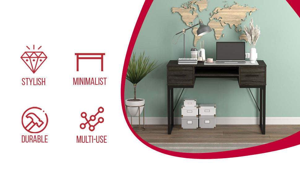 Bureau d'ordinateur 43" avec 2 tiroirs et 1 tablette - Gris foncé avec base en métal noir | Bureau d'ordinateur de 43 po avec 2 tiroirs et 1 tablette - gris foncé avec base en métal noir