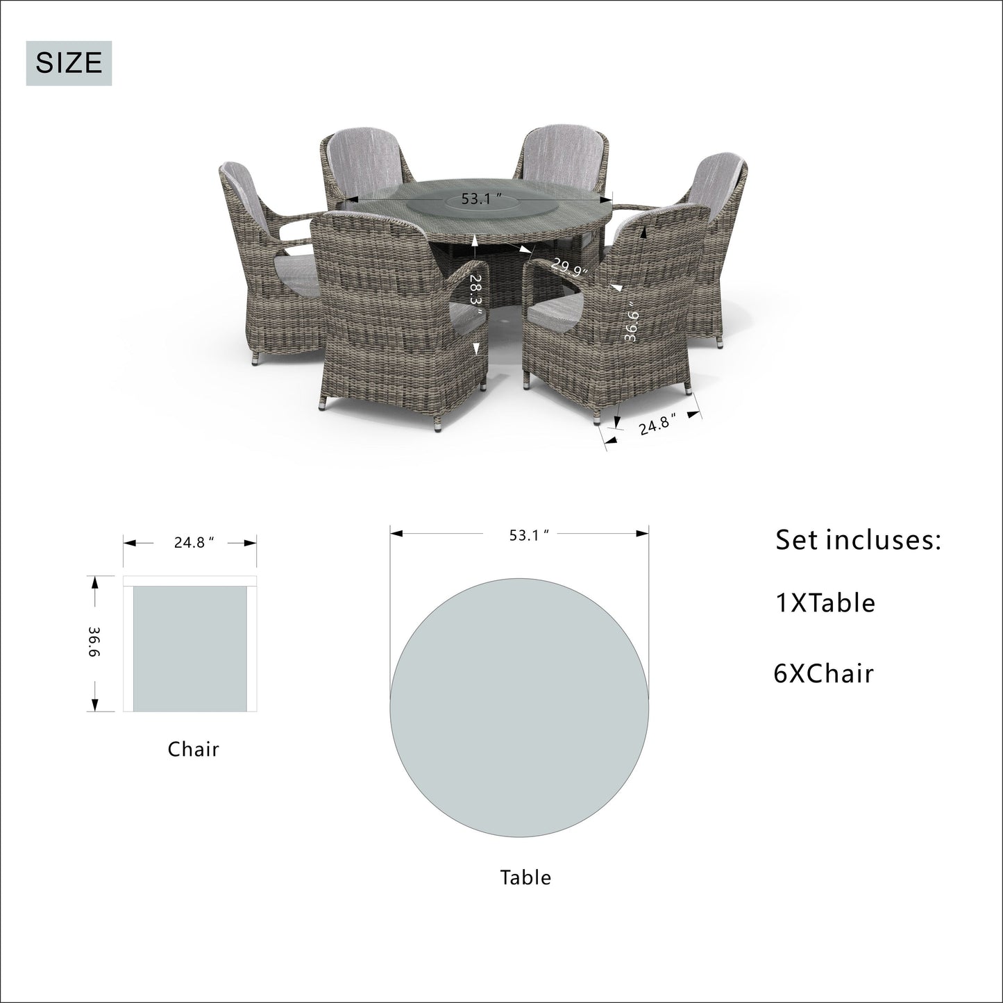 Ensemble de salle à manger rond en rotin et osier pour patio extérieur 7 pièces avec coussins par Moda Furnishings