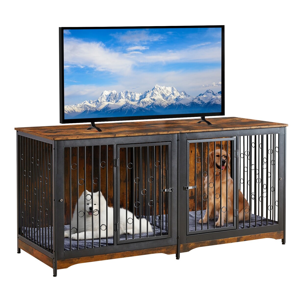 Meuble TV pour cage pour chien de grande race de 70,86 pouces avec coussin et double compartiment (coussin non inclus)