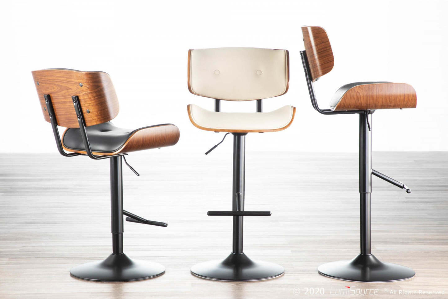 LumiSource Lombardi Faux Leather Mid-Century Modern Adjustable Barstool - Walnut/Cream|Tabouret de bar réglable moderne du milieu du 20e siècle Lombardi en similicuir - noyer/crème