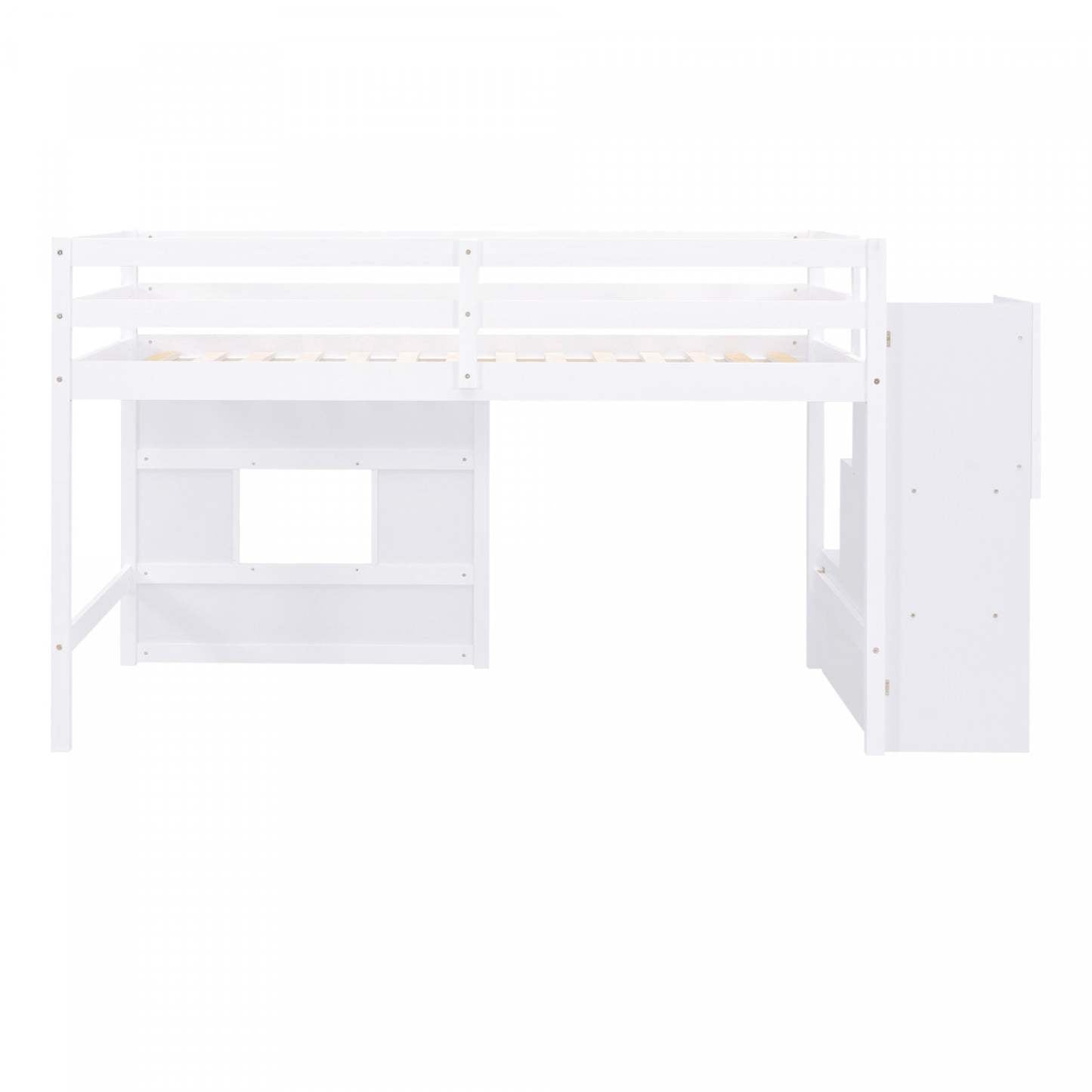 Lit mezzanine simple Martin en bois massif avec escalier de rangement, fenêtre de jeu, lumière LED - Blanc | Martin – Lit Mezzanine Simple En Bois Massif Avec Escaliers De Rangement, Fenetre Ludique Et Eclairage Del – Blanc