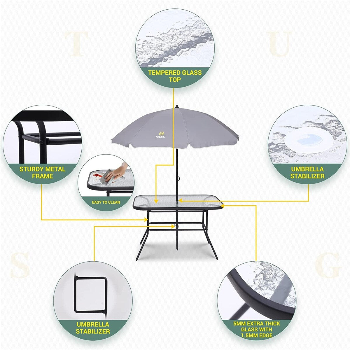 Ensemble de salle à manger de jardin 8 pièces, table de jardin d'extérieur avec parasol amovible, table en verre et 6 chaises pliantes