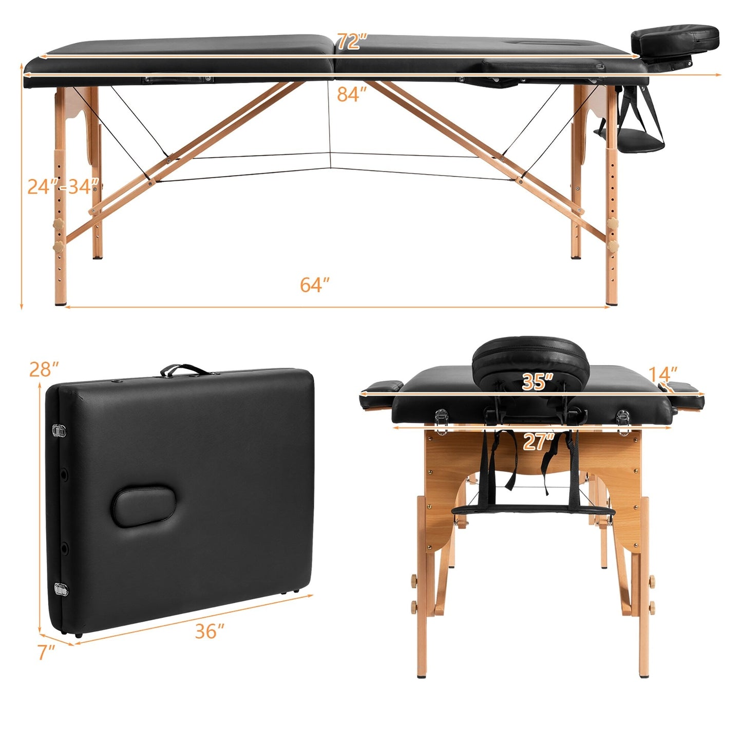 Table de massage portable 84''L, réglable, pour le visage, le spa et le tatouage, avec transport