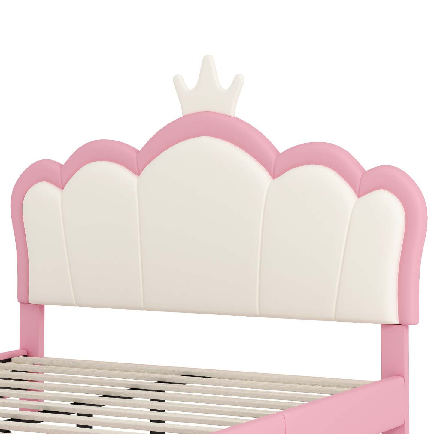 Lit princesse rembourré Judson avec tête de lit couronne et cadre plateforme en PU, pleine taille, lit double rose | Lit Princesse Judson Tapisse Avec Tête De Lit En Forme De Couronne Et Cadre Plateforme En Pu, Taille Full, Rose