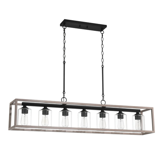 Lustre linéaire rectangulaire Allegray de style ferme, 7 lumières, 132 cm (52 po), suspension pour îlot de cuisine.