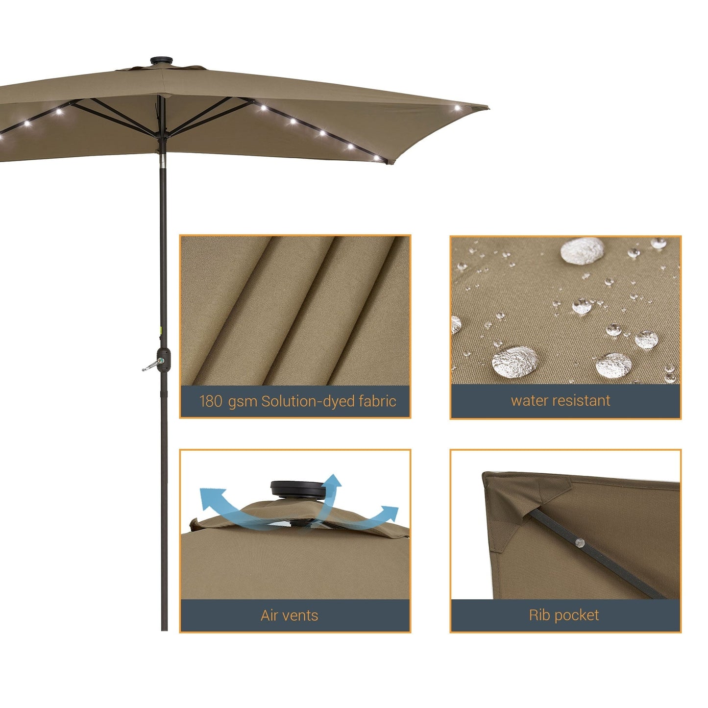 BONOSUKI Parasol rectangulaire d'extérieur 3 x 2 m avec éclairage LED, en aluminium/acier et inclinable