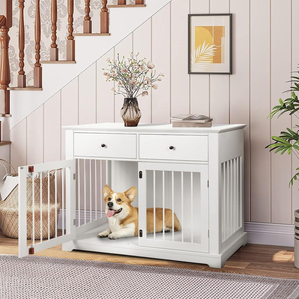 Meuble pour cage de 112 cm (44 pouces) BOSSIN, niche en bois avec table d'appoint et tiroirs de rangement, niche décorative pour animaux de compagnie