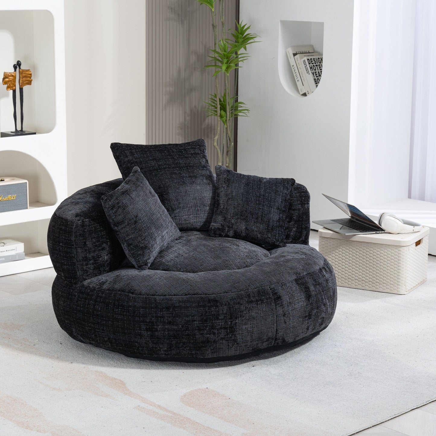 Canapé poire simple surdimensionné en chenille noir de 42,52 pouces avec trois oreillers pour chambre à coucher