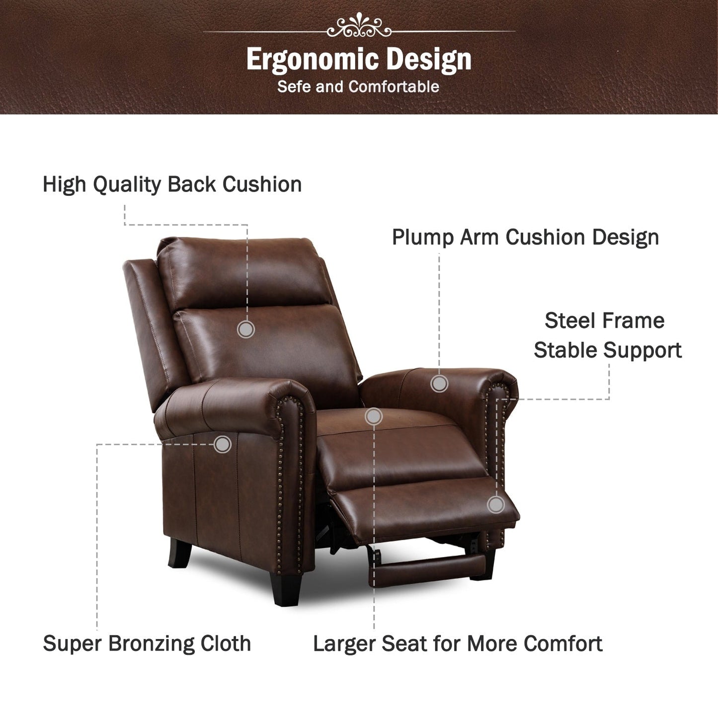 Fauteuil inclinable en cuir véritable avec accoudoirs et dossier confortables
