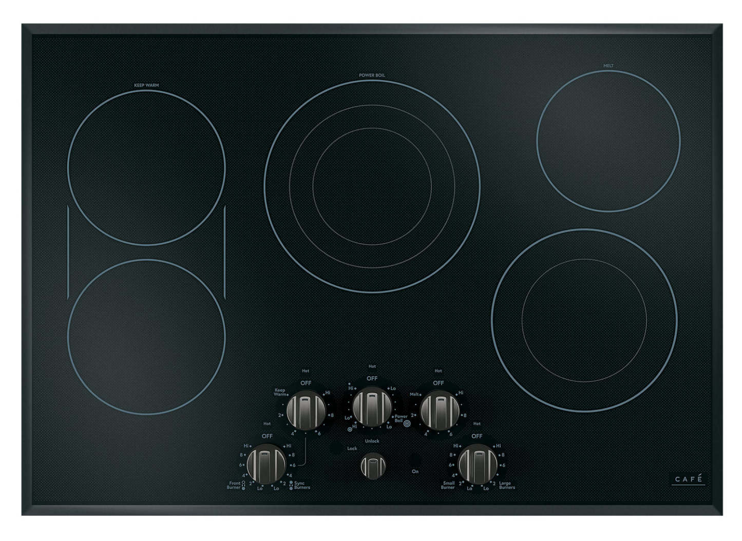 Café 5 pièces Electric Cooktop Brushed Black Knobs - CXCE1HKPMBT|Boutons noir brossé pour surface de cuisson électrique 5 pièces Café - CXCE1HKPMBT|CXCE1HBT