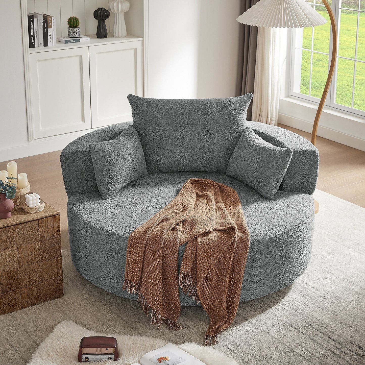 Fauteuil d'appoint en chenille, fauteuil rond avec base pivotante à 360 degrés et 3 coussins amovibles