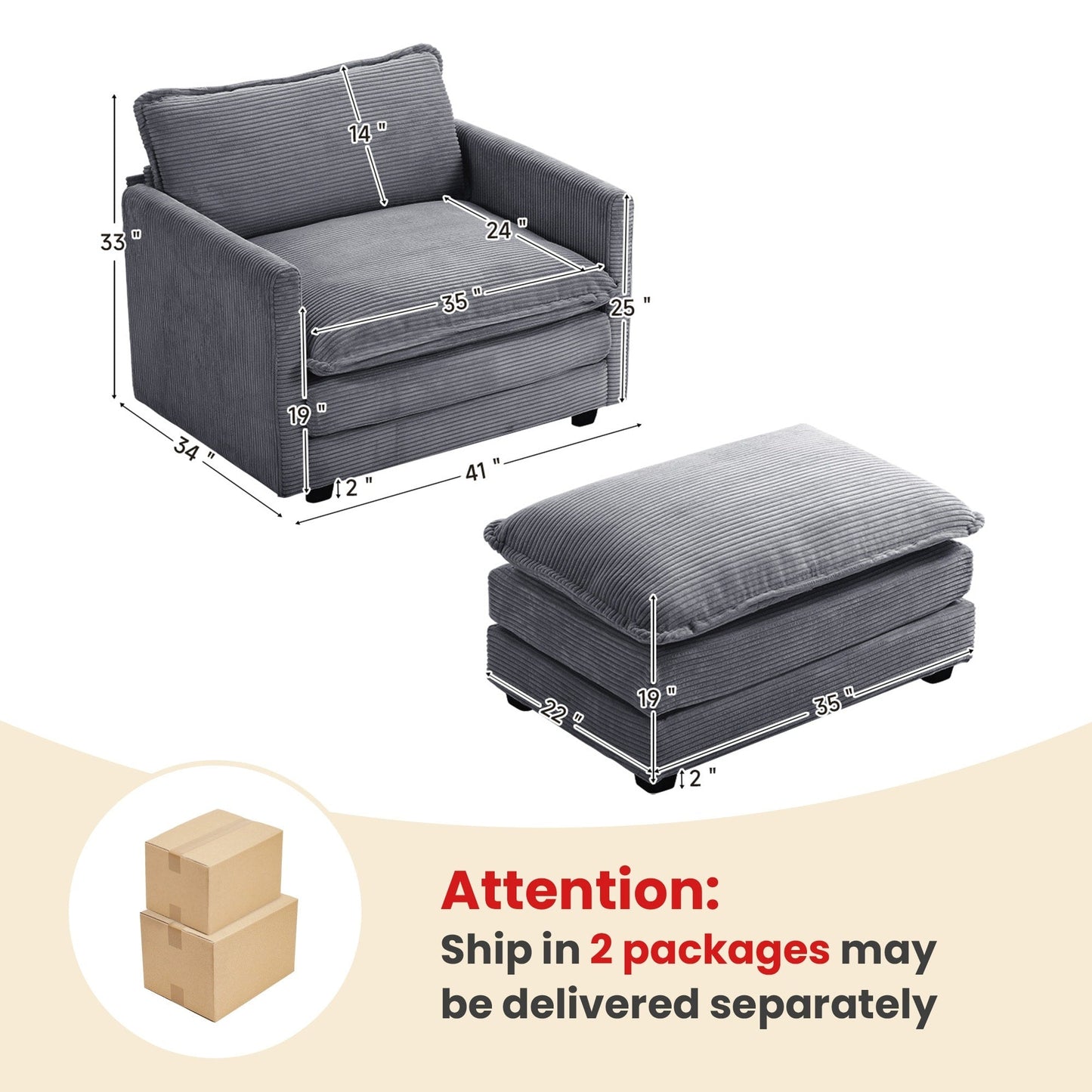 Canapé d'angle en velours côtelé avec poufs amovibles et coussins ultra-doux pour salon et chambre