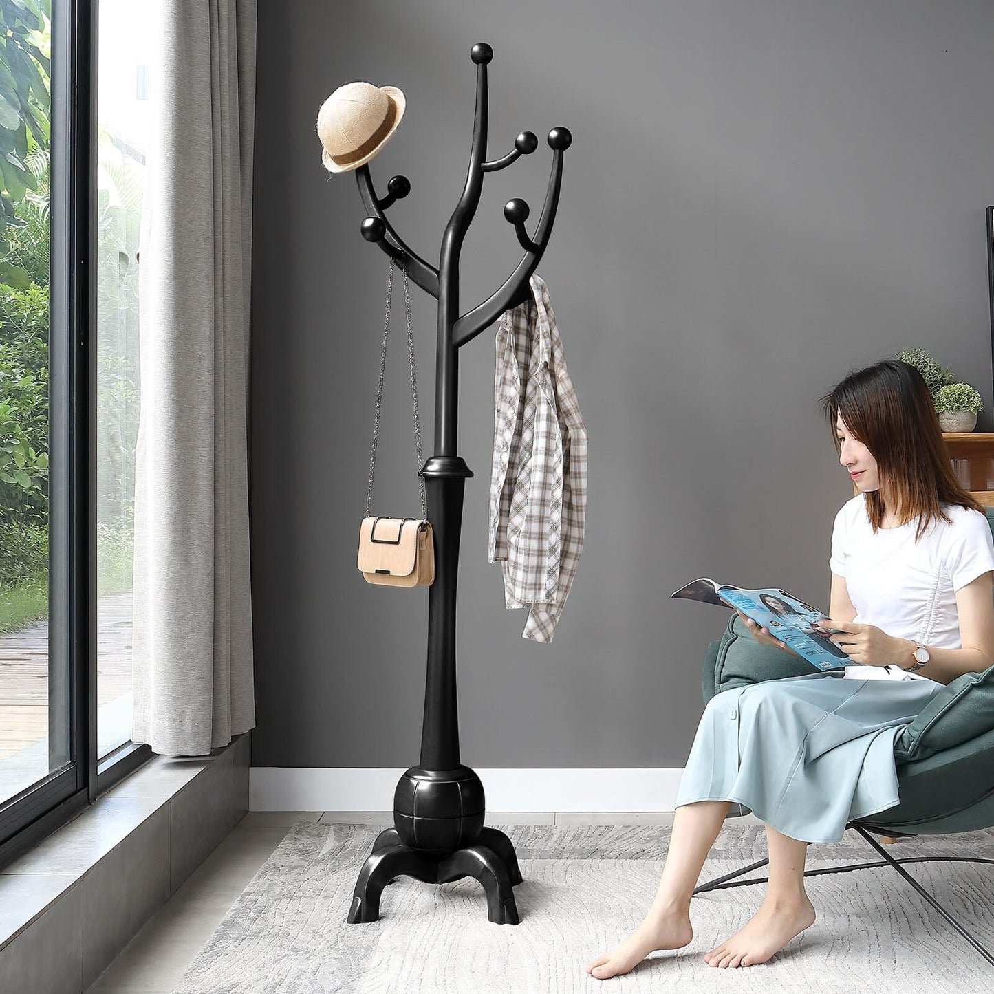 Porte-manteau autoportant en bois d'hévéa avec 8 crochets - 24,5 L x 70,87 H