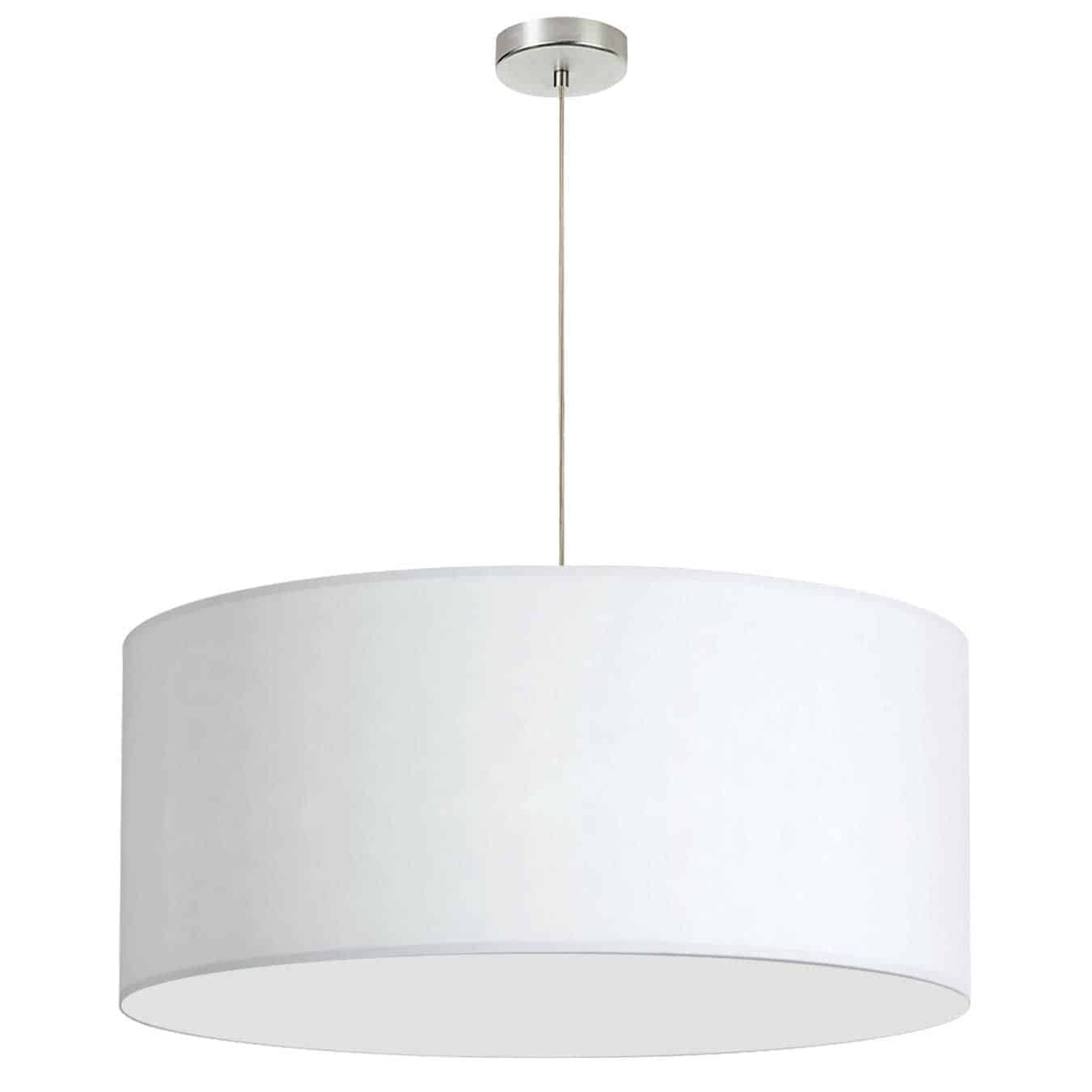 Dainolite 1 Light Drum Pendant 28 Dia Polished Chrome Finish White Shade No Bottom Diffuser Lamp|Luminaire suspendu de Dainolite de 28 po de diamètre avec abat-jour cylindrique blanc sans fond qui diffuse la lumière, fini chromé poli et 1 ampoule