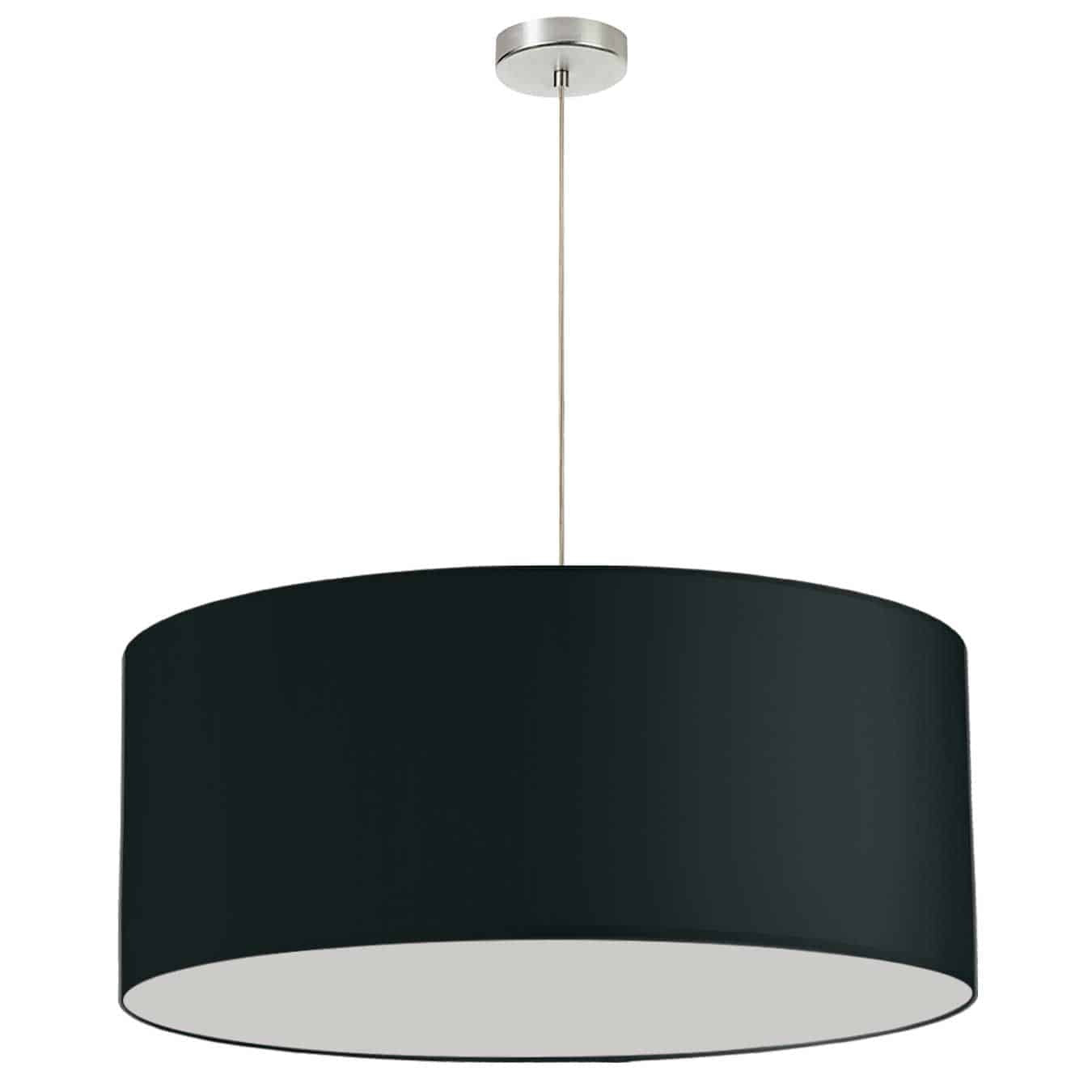 Dainolite 1 Light Drum Pendant 28 Dia Satin Chrome Finish Black Shade No Bottom Diffuser Lamp|Luminaire suspendu de Dainolite de 28 po de diamètre avec abat-jour cylindrique noir sans fond qui diffuse la lumière, fini chromé satiné et 1 ampoule