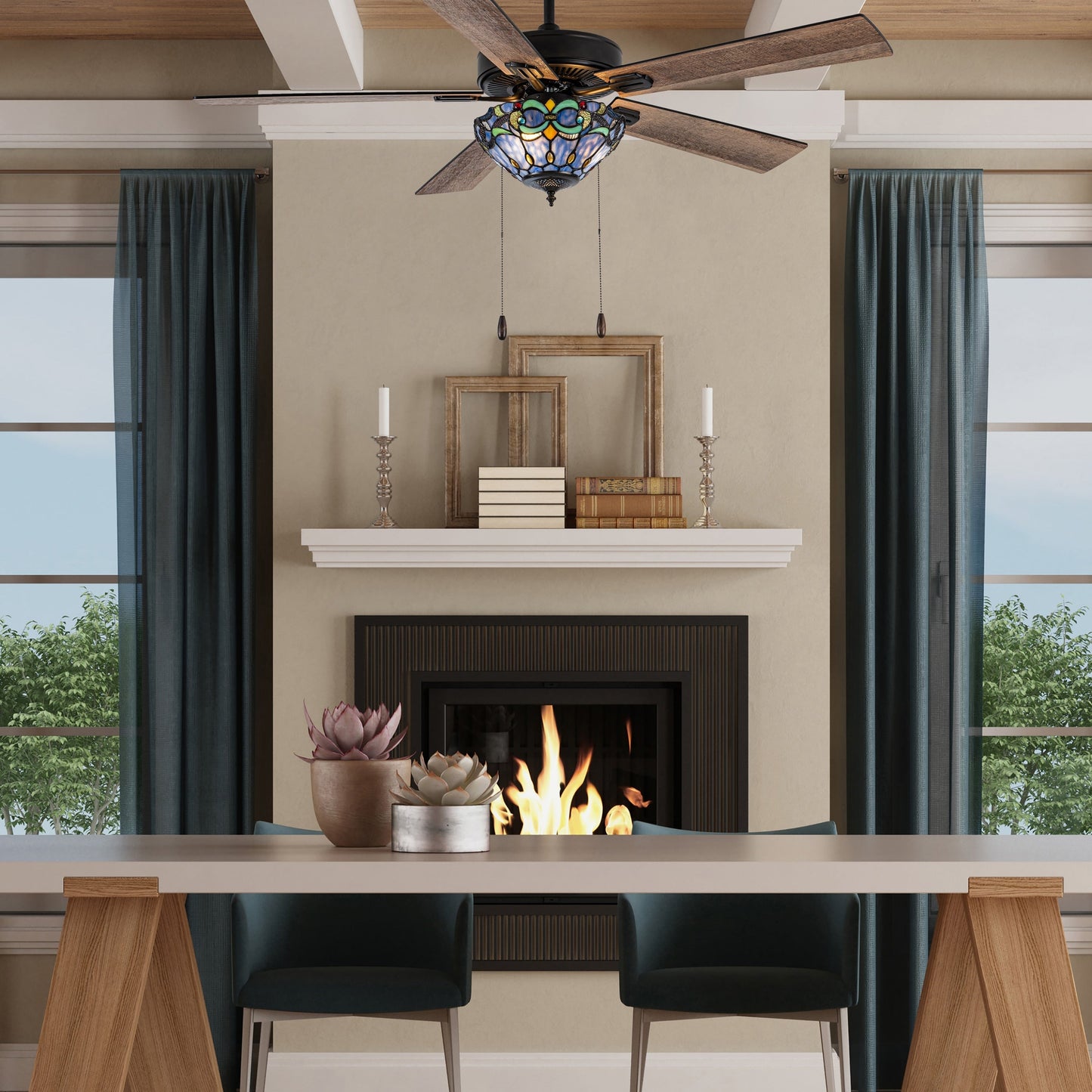 Ventilateur de plafond Della River of Goods en bronze huilé et vitrail, 52 pouces, 3 lumières, télécommandé