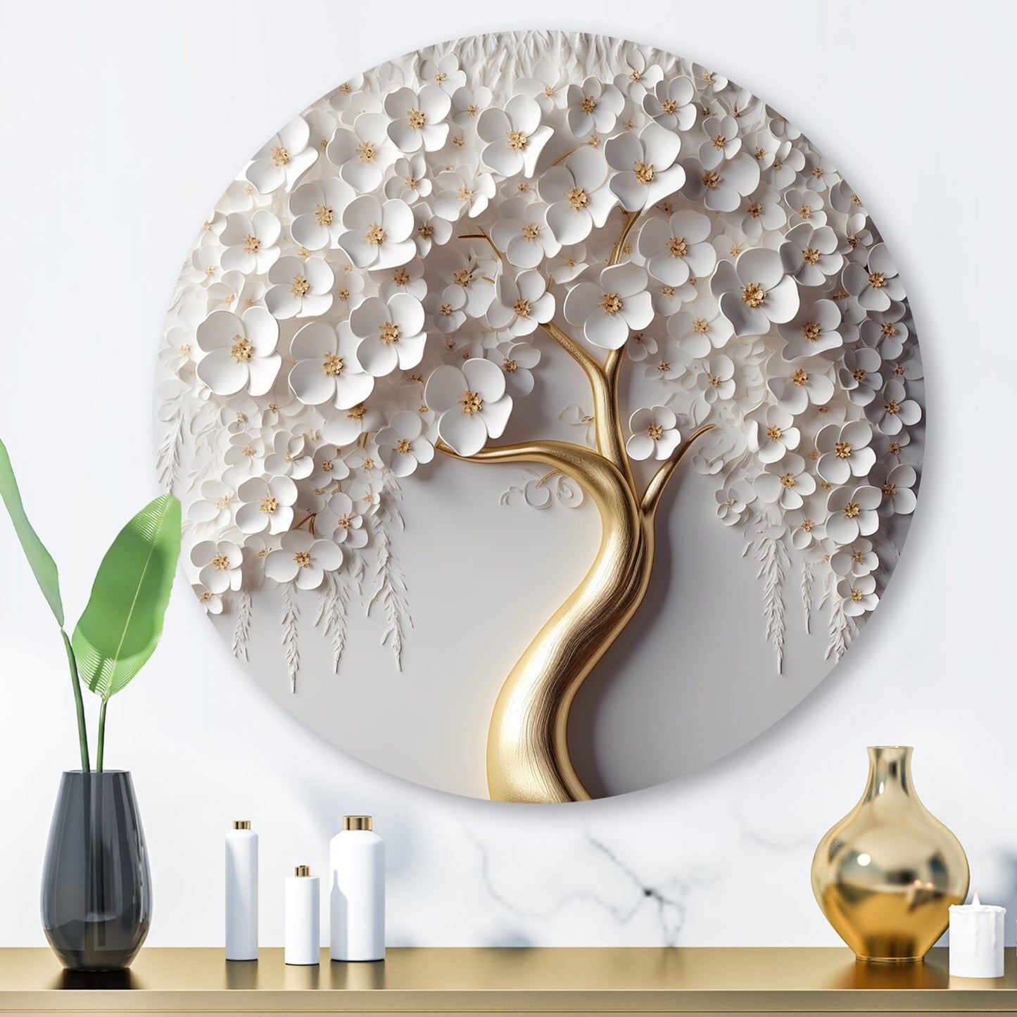 Designart Arbre Orchidée Blanche Jardin de Branches VIII Arbre Floral Métal Impression Art Mural Ronde sur Métal