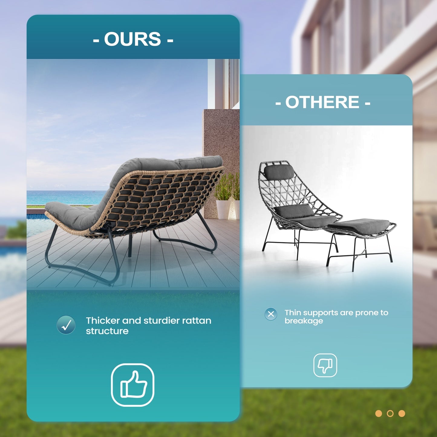 Fauteuil Papasan double deux places avec coussin, en rotin PE résistant aux intempéries et structure en métal pour intérieur et extérieur