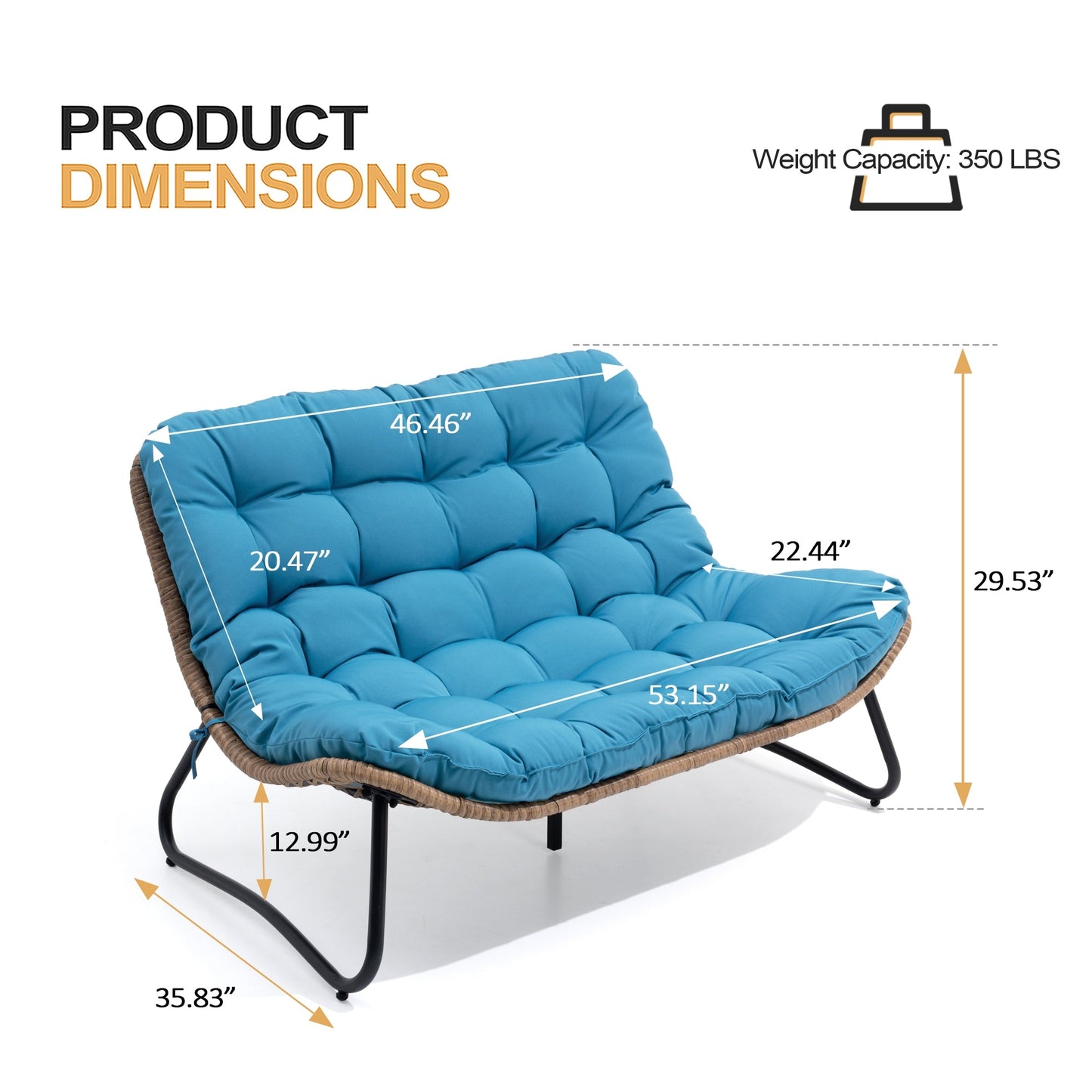 Fauteuil Papasan double deux places avec coussin, en rotin PE résistant aux intempéries et structure en métal pour intérieur et extérieur