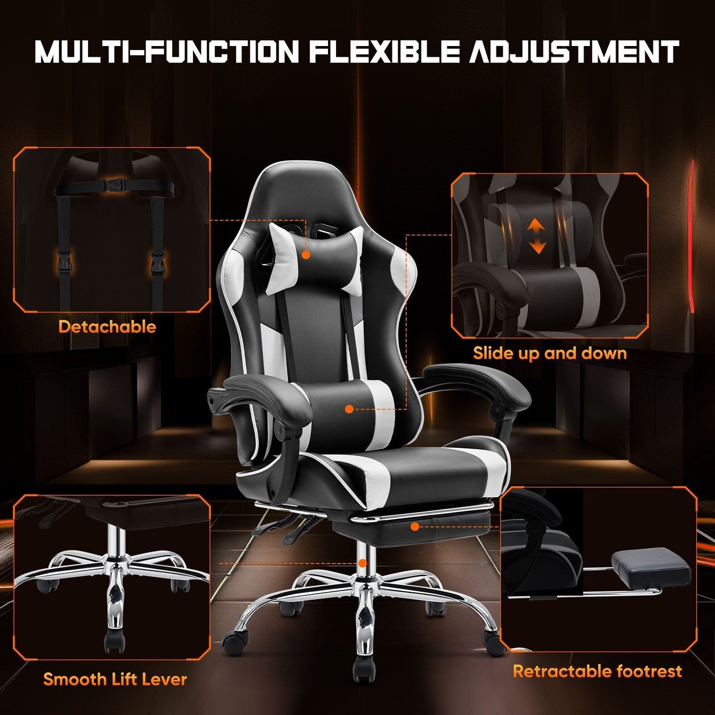 Fauteuil de jeu ergonomique pivotant à 360° en cuir PU avec repose-pieds, appui-tête, support lombaire et hauteur réglable