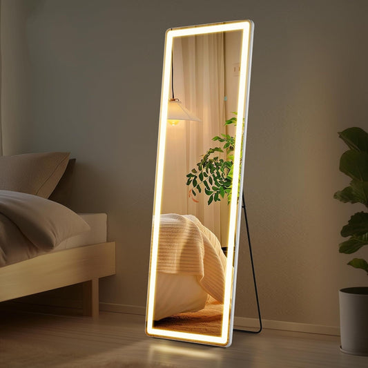 Miroir sur pied avec éclairage LED, miroir pleine longueur 64 x 21 cm avec support, miroir mural, miroir en pied