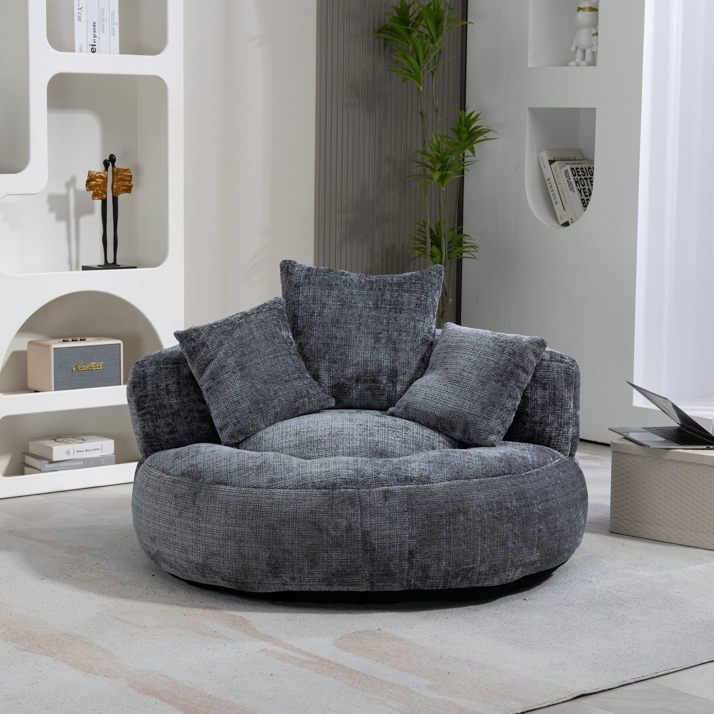 Canapé poire simple gris surdimensionné en chenille de 42,52 pouces avec trois oreillers pour chambre à coucher